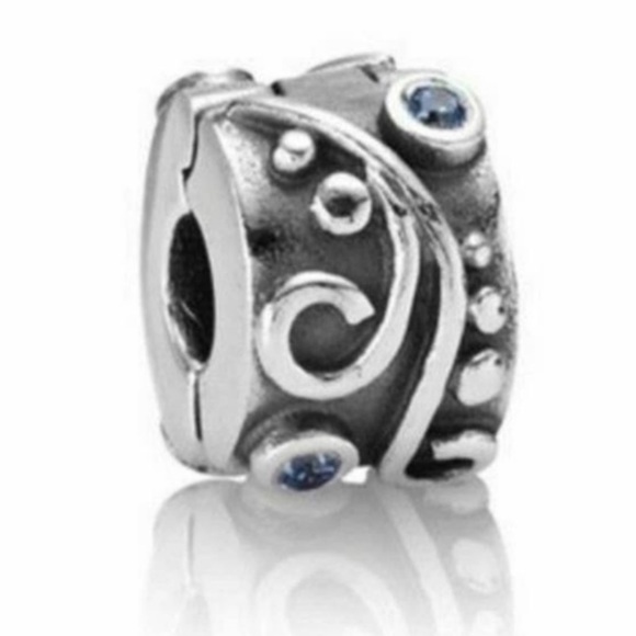 Retired HTF Pandora Blue Tendril Safety Clip Stopper w/ Blue CZ Charm Bead 925 - Picture 1 of 11